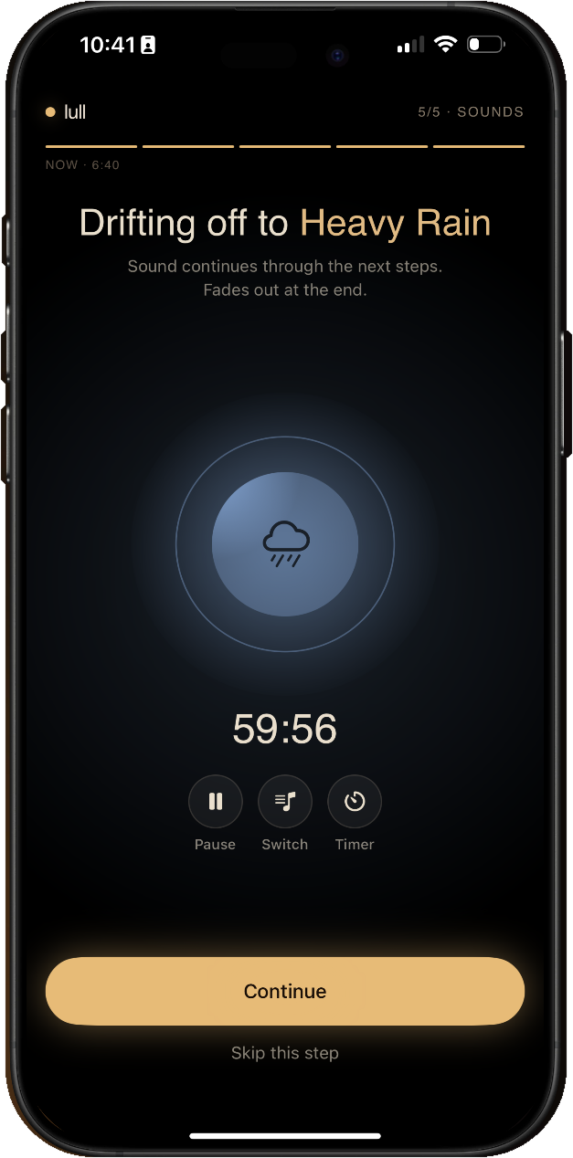 Lull sleep sound screen playing Heavy Rain on an iPhone
